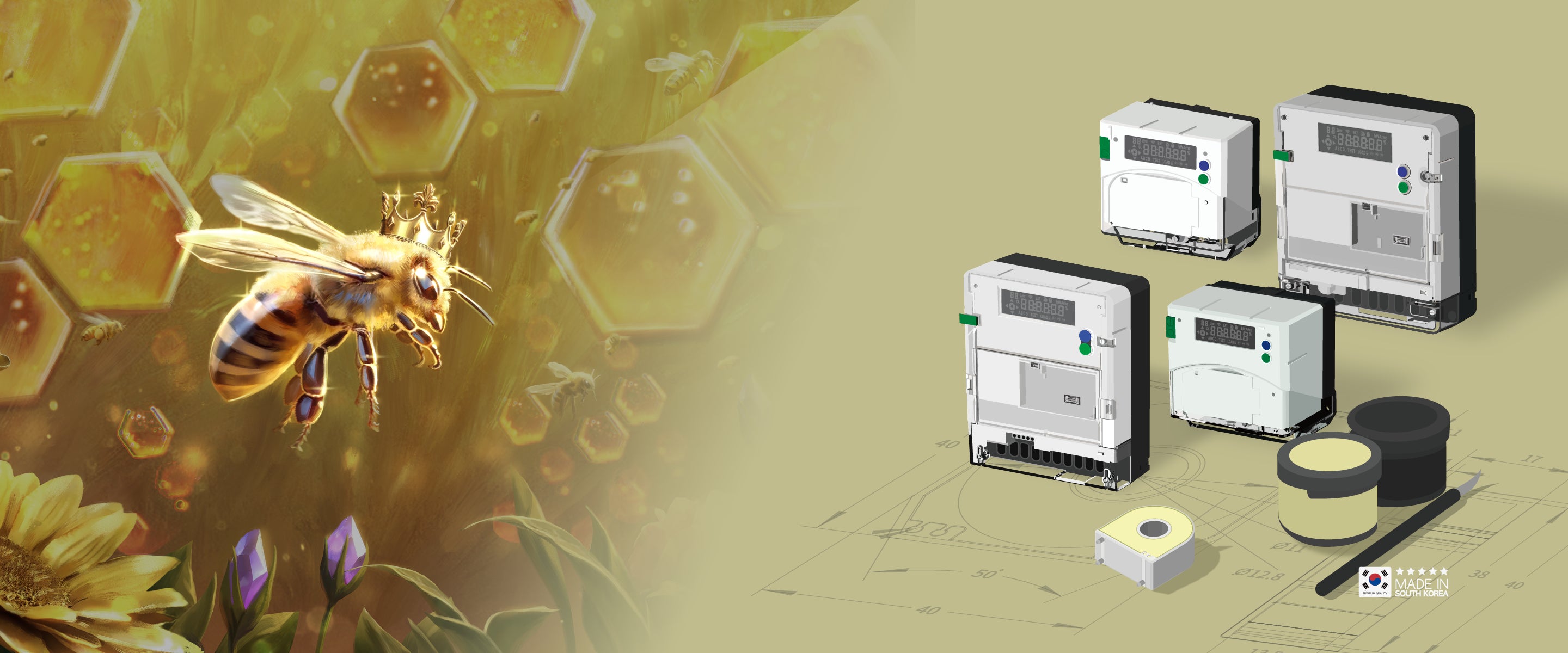 꿀벌 일러스트와 함께 배치된 KEPCO AMI 2.0 AMIGO 보안 전자식 전력량계 제품군과 무정전 CT, KCMVP 인증 RTOS 기반 차세대 스마트미터 이미지
